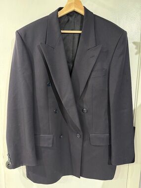 Men's Vintage 100% Wool Double-Breasted Black Tailored Formal Sport Coat